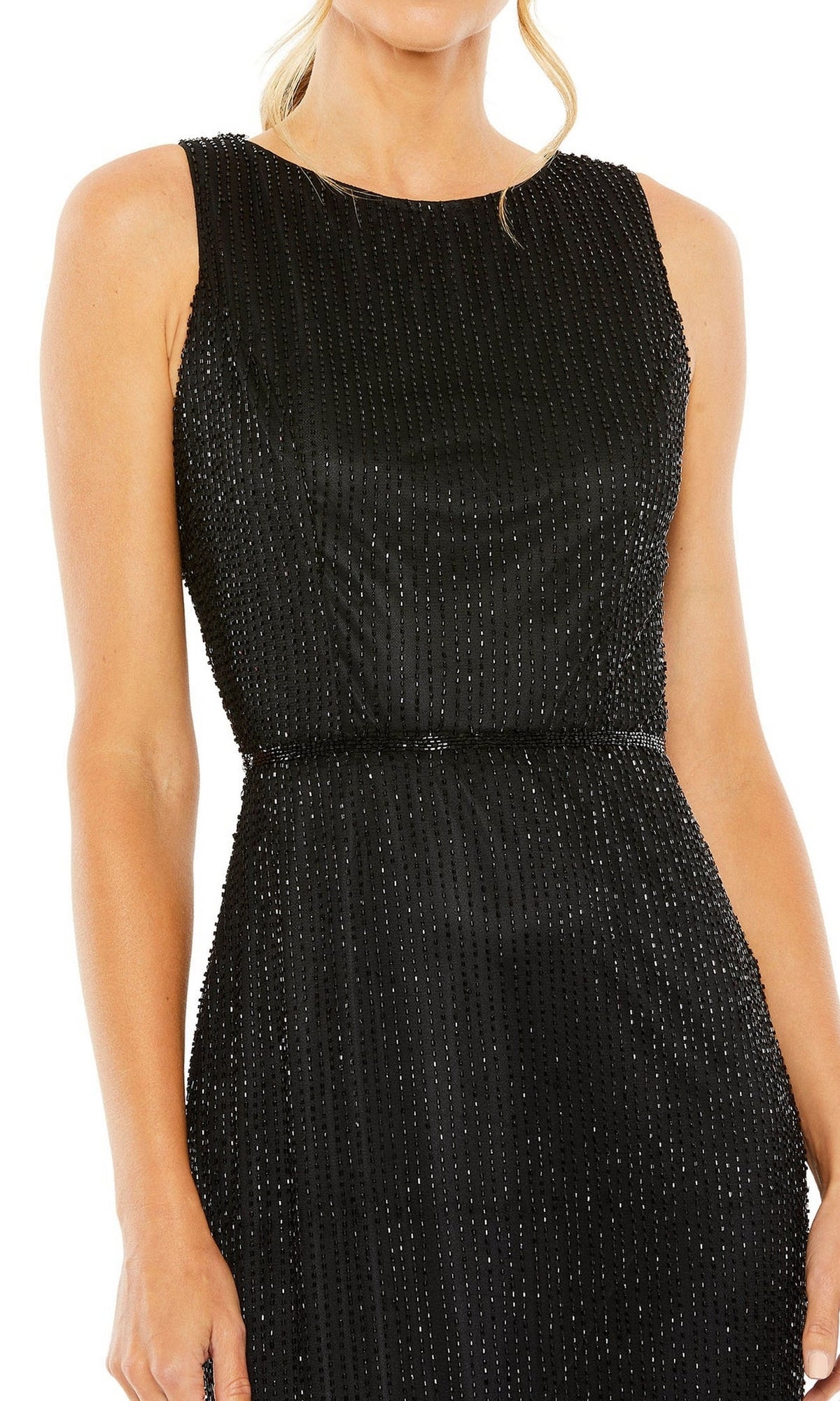 A woman wears the Knee Length Wedding Guest Dress 5796 by Mac Duggal, a sleeveless black beaded midi dress. The image is cropped just below her shoulders and above her knees.